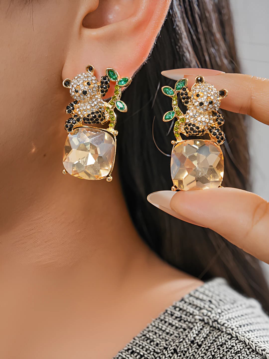Women's panda rhinestone drop earrings: square geometric design element in Euro-American style, luxury feel