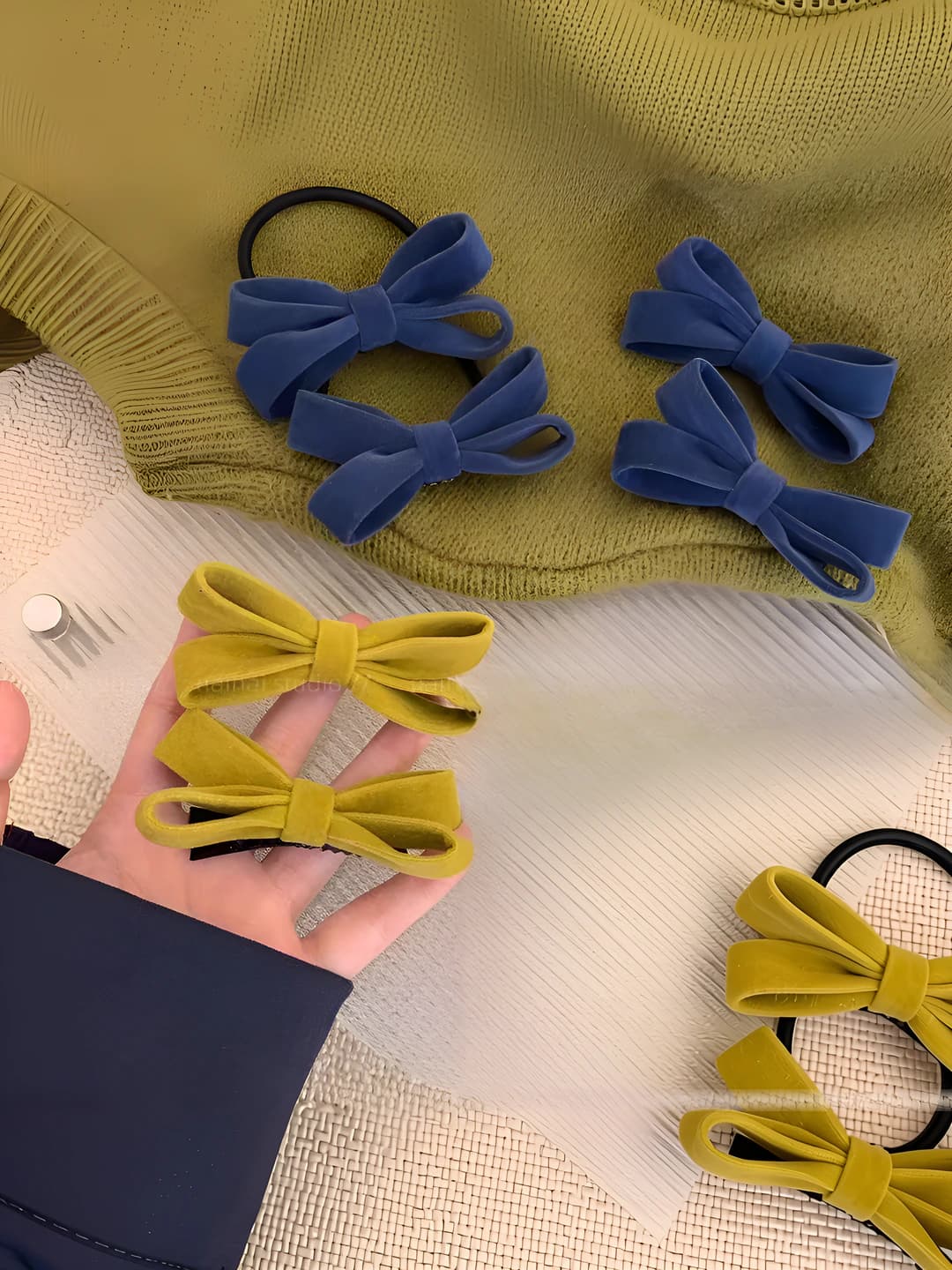 Women's hair accessory set: velvet bow hair clip and hair tie in mustard yellow and navy blue
