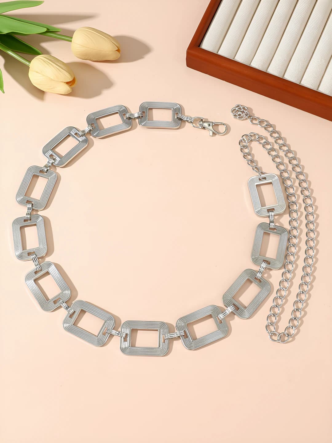Silver rectangular metal waist chain