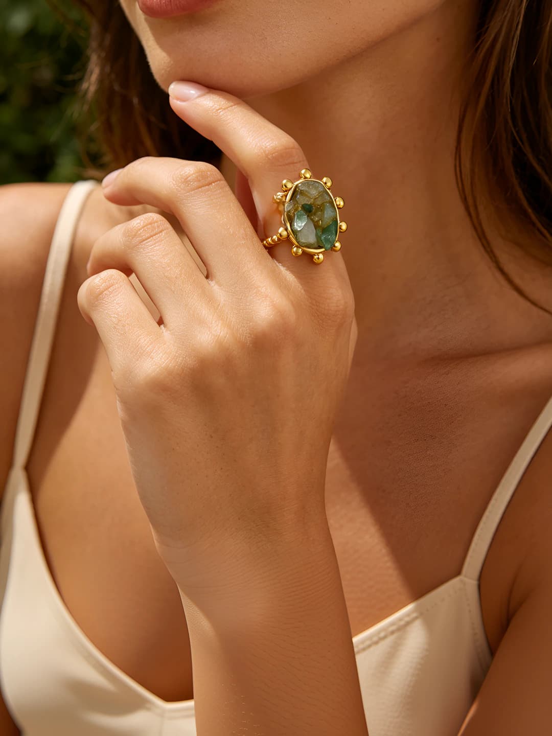 Women's retro style open ring, 304 stainless steel, gold plated, inlaid with malachite and tiger eye
