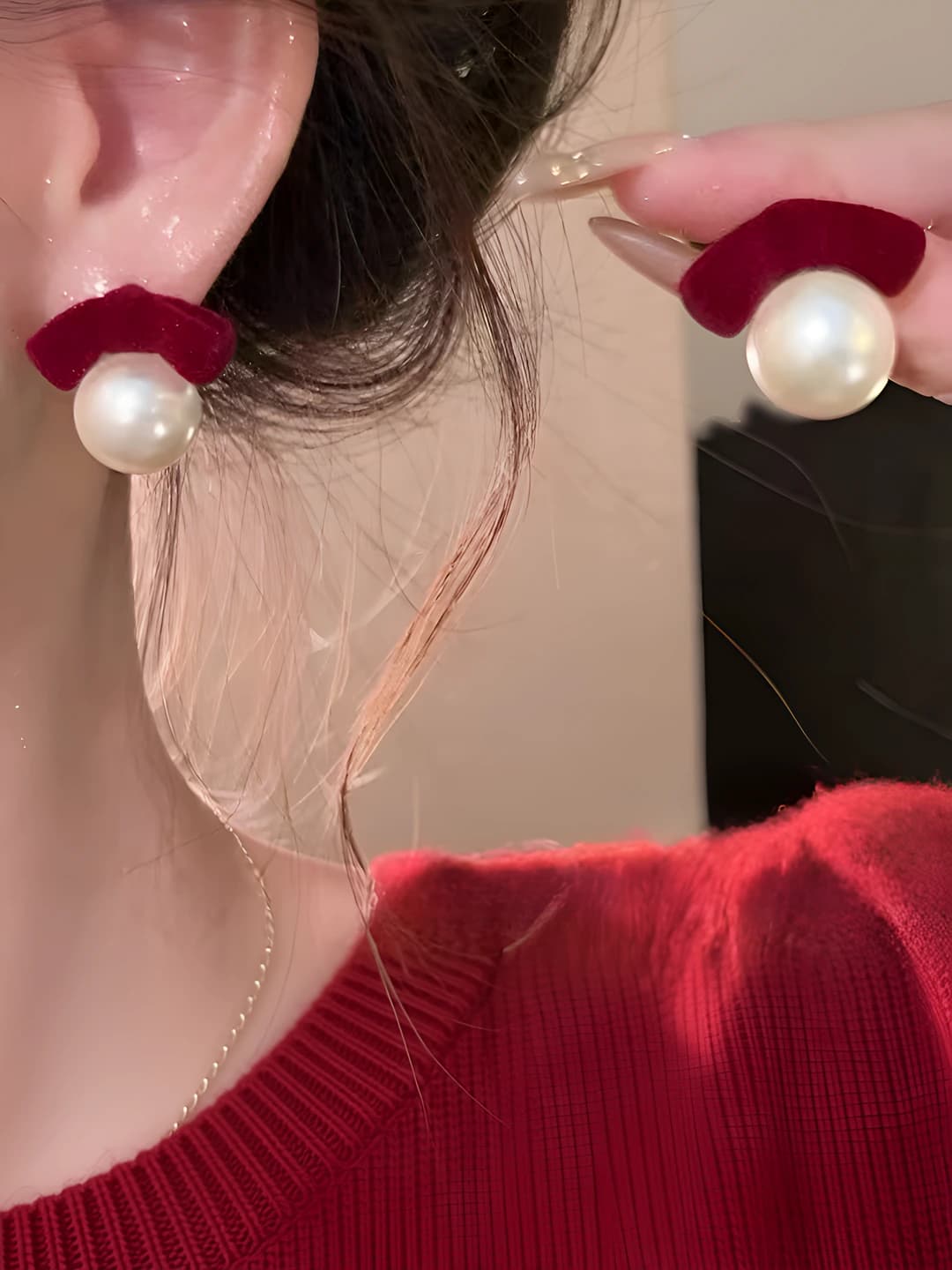 Women's red bow and pearl earrings, minimalism style, 2026
