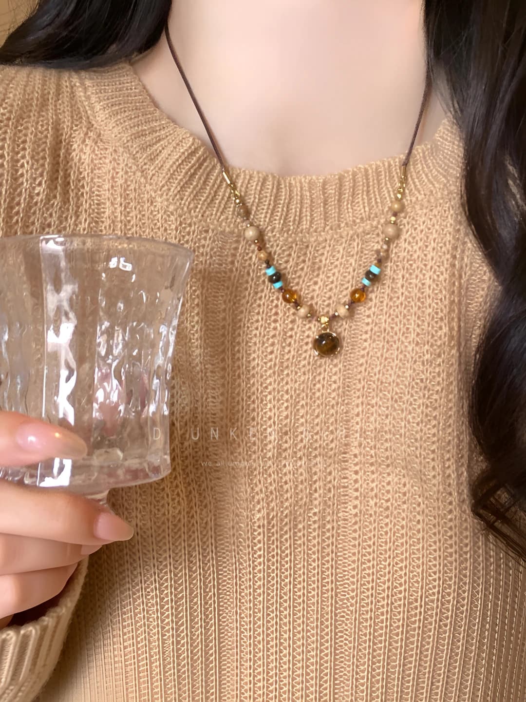 Women's retro style round tiger eye beaded necklace, sweater accessory