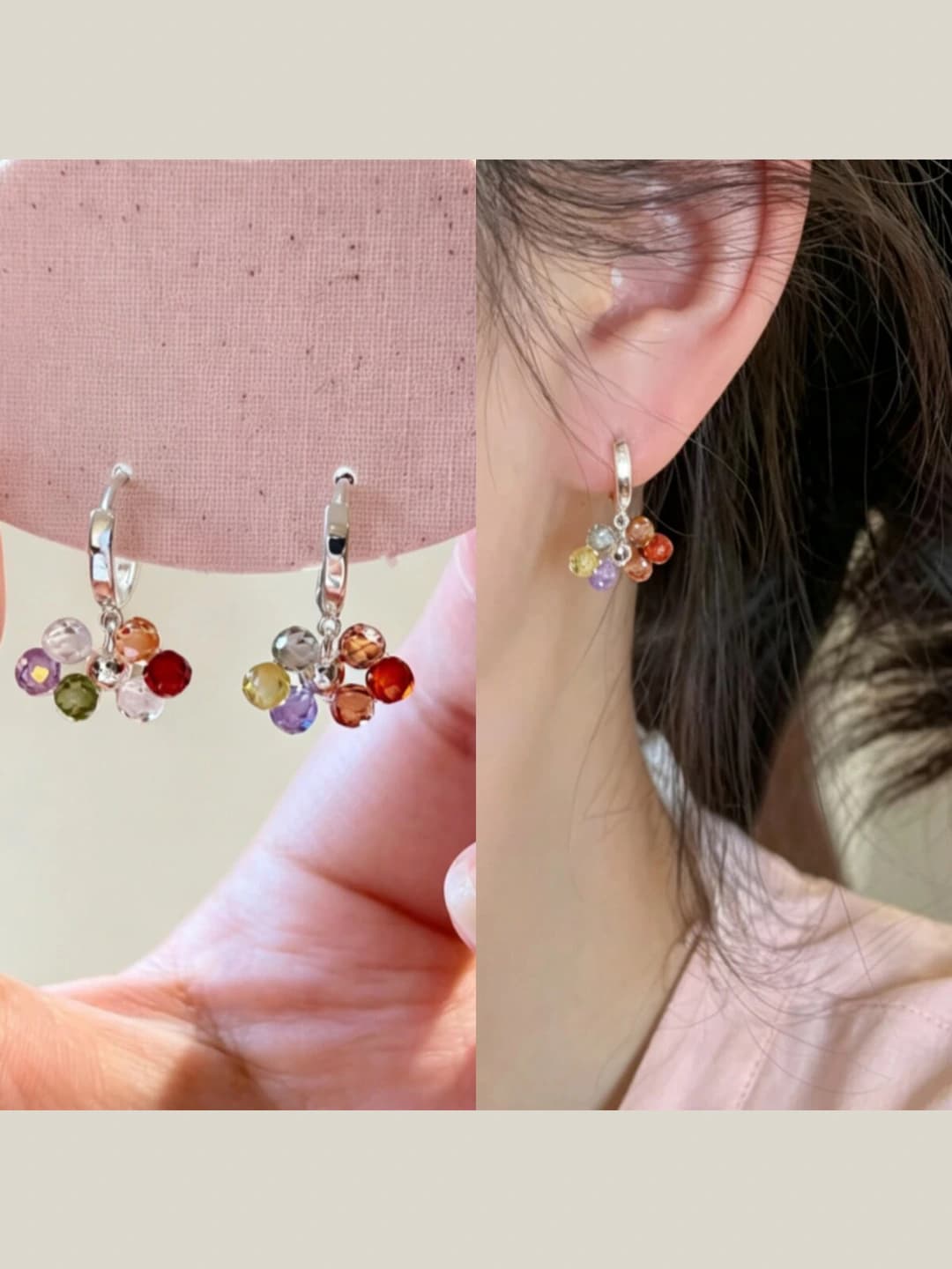 Women's colorful tassel earrings: copper, geometric shape, zircon set, minimal style
