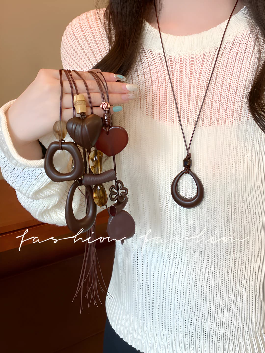 Women's retro long irregular wooden heart pendant necklace for winter sweater