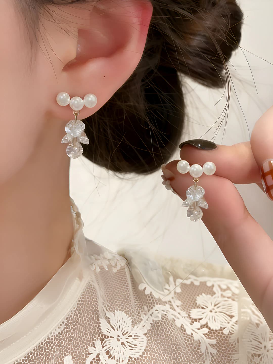 Women's French style geometric pearl and crystal tassel earrings, 925 silver post, 2026