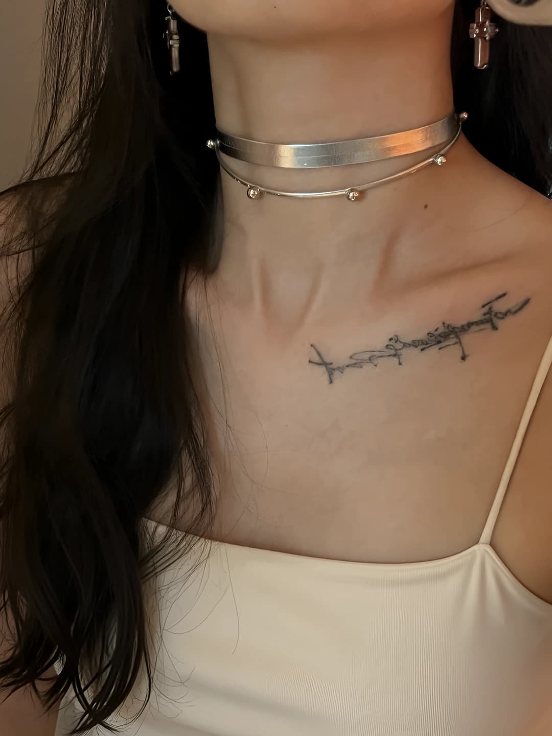 Women's silver cyberpunk style choker, double layer, faux leather, geometric design, hip-hop chain