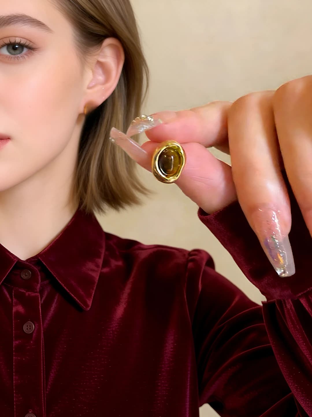 Women's retro gold earrings in maillard style, coffee color, geometric shape, water drop design element, style: chanel style