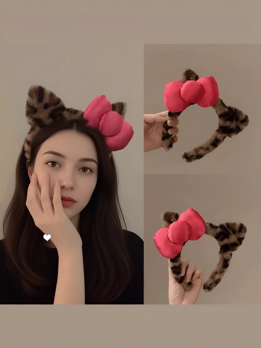 Women's autumn-winter faux fur headband with leopard print and bow, handmade