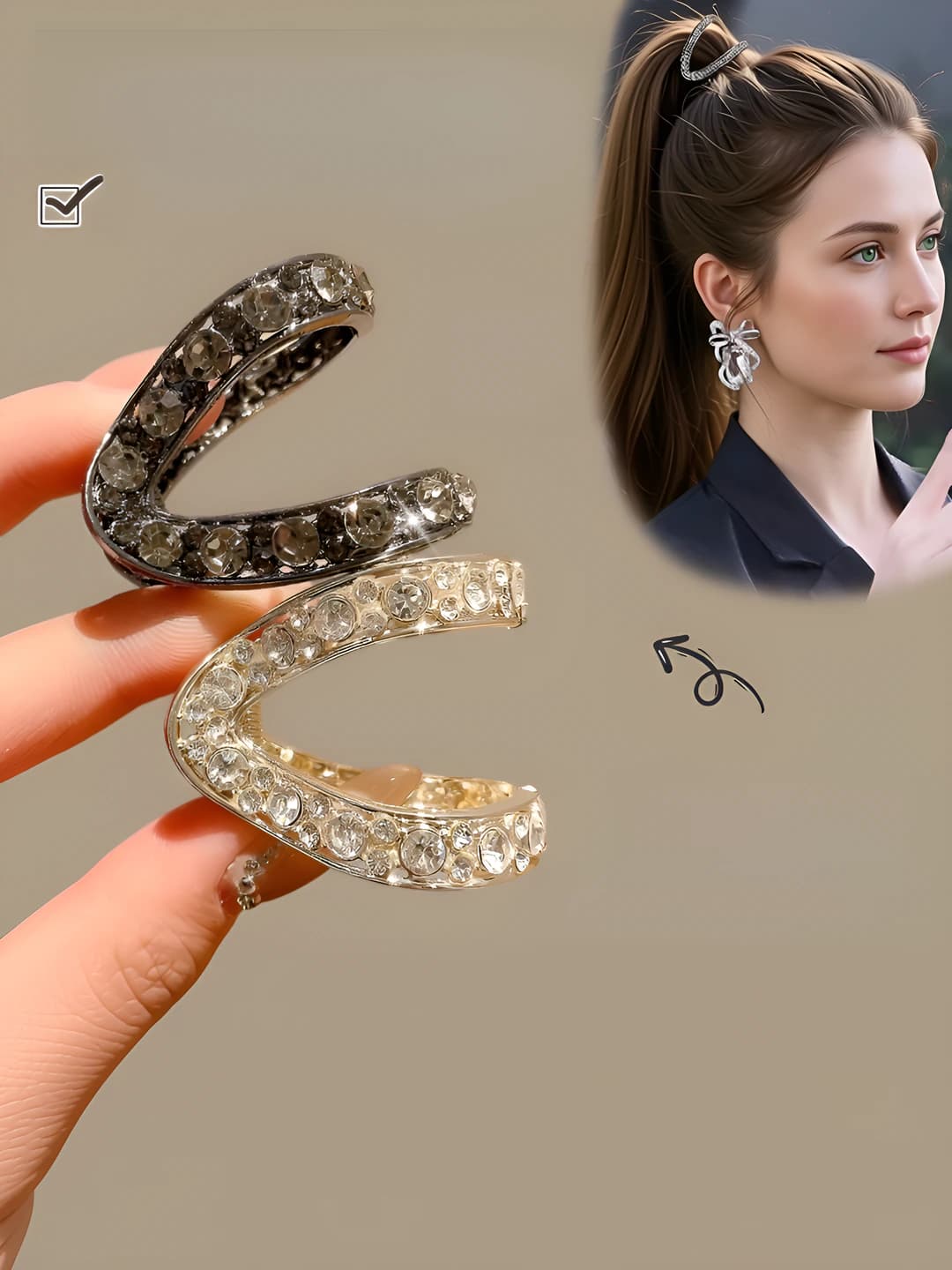 Women's rhinestone claw hair clip: high ponytail, half-up, bun, V-shaped style