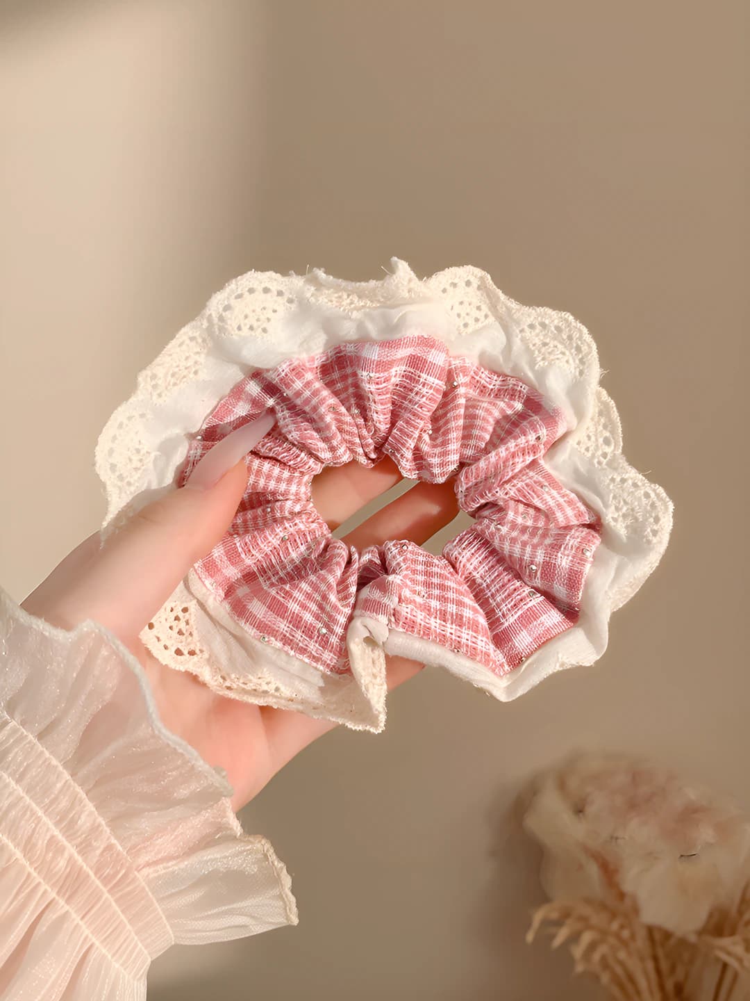 Pink plaid rhinestone 13 cm