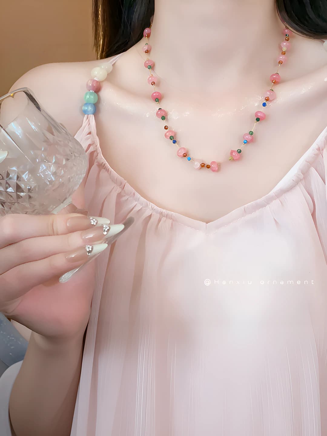 Women's agate beaded necklace, clavicle chain, geometric shape, 51-60 cm, 15.7 g