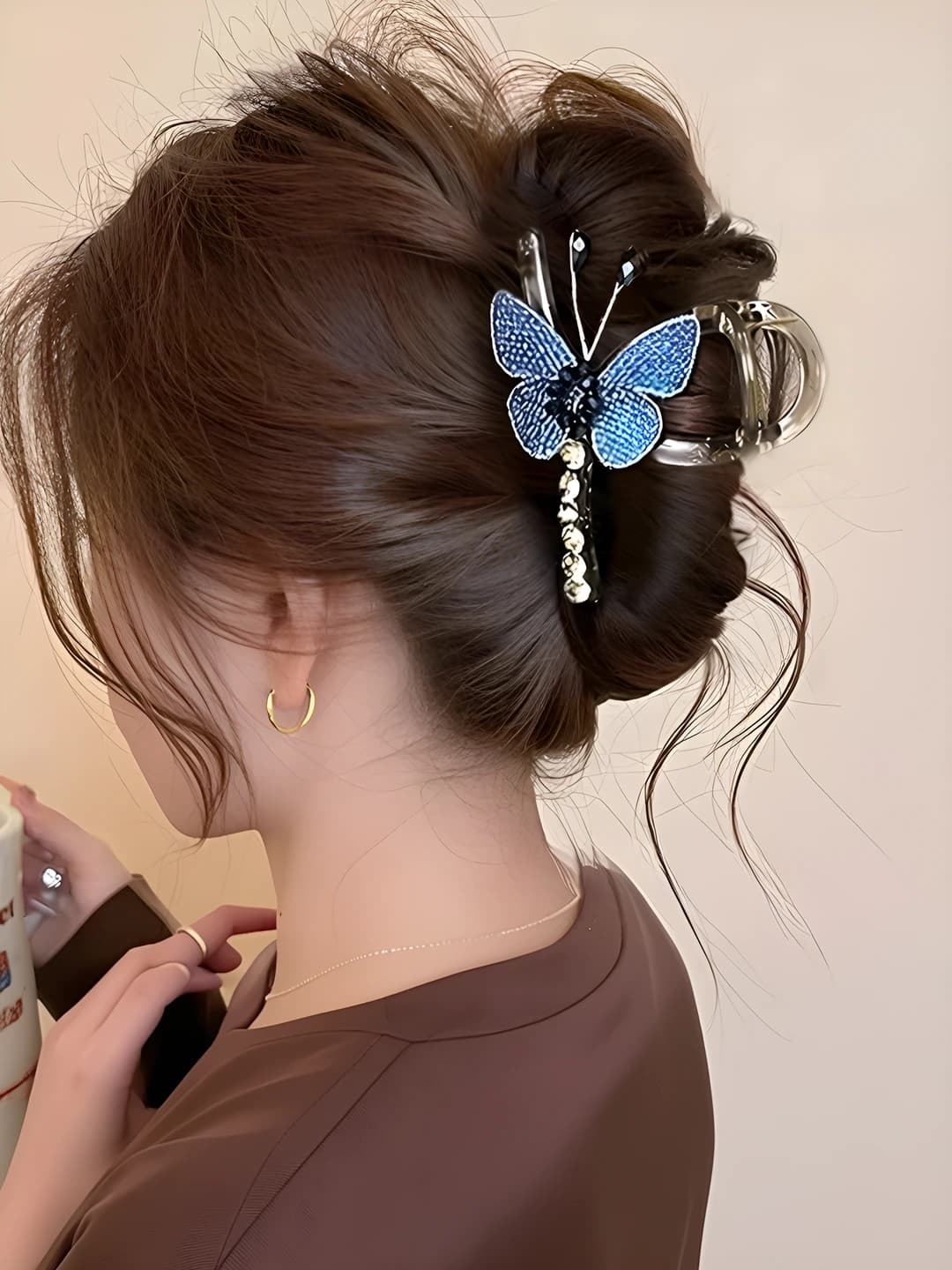 1# Claw clip - embroidered butterfly blue double-sided - 8cm