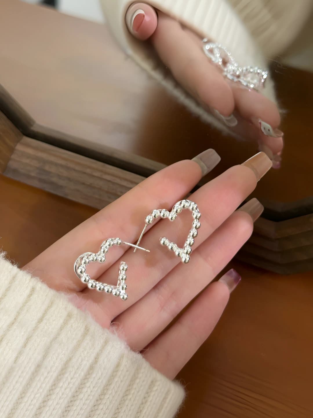 Silver double layer heart studs