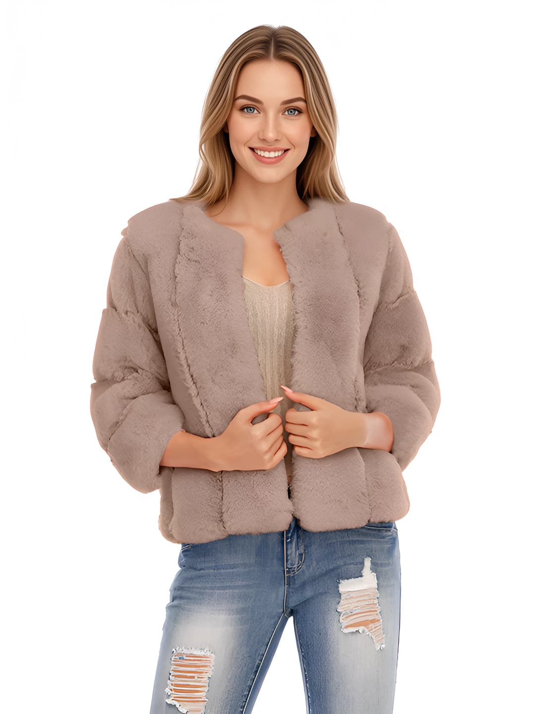 Women's short faux fur coat, crew neck, long sleeve, urban work style