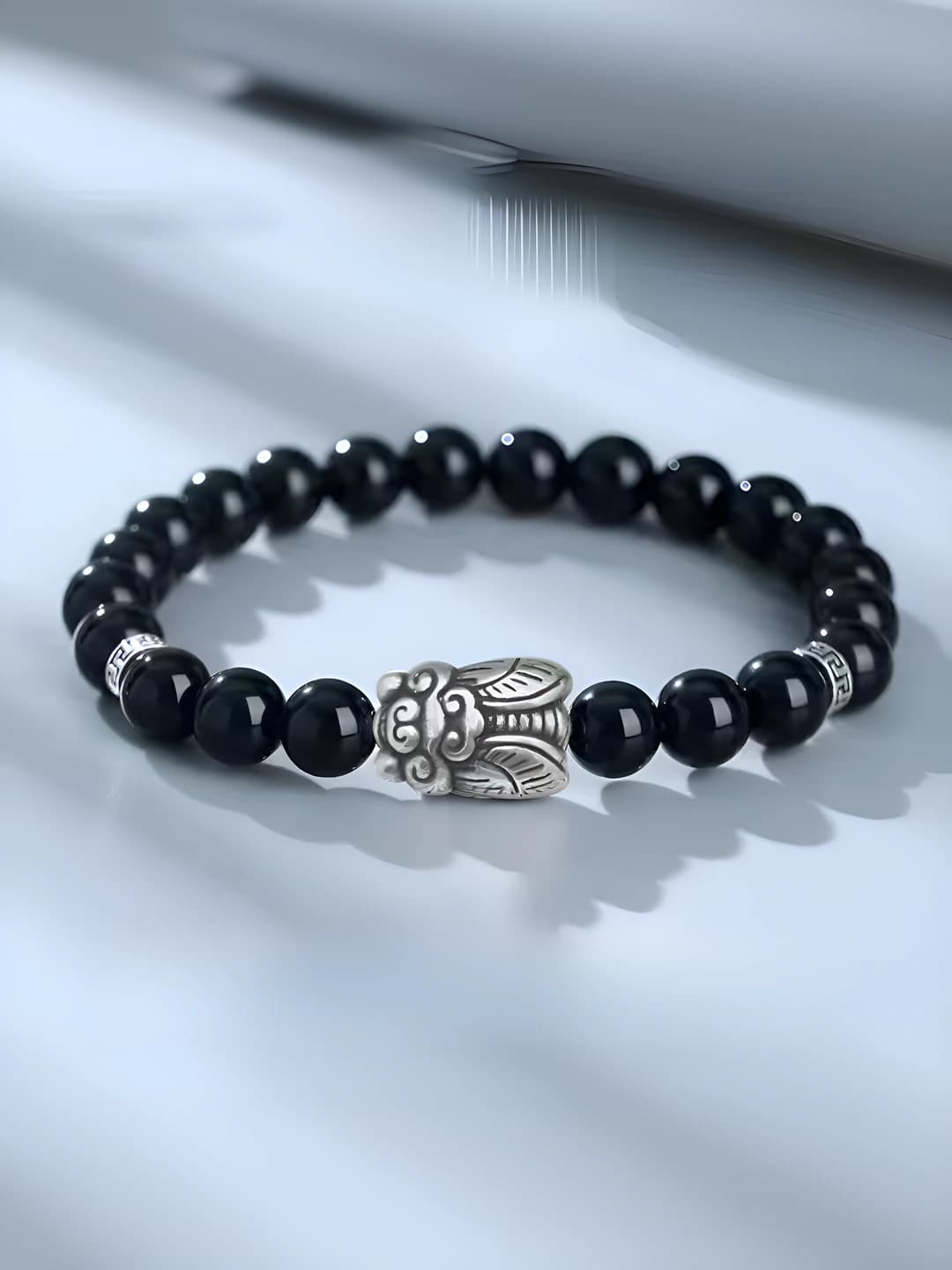Handmade glass beaded bracelet with silver cicada charm for men and women
