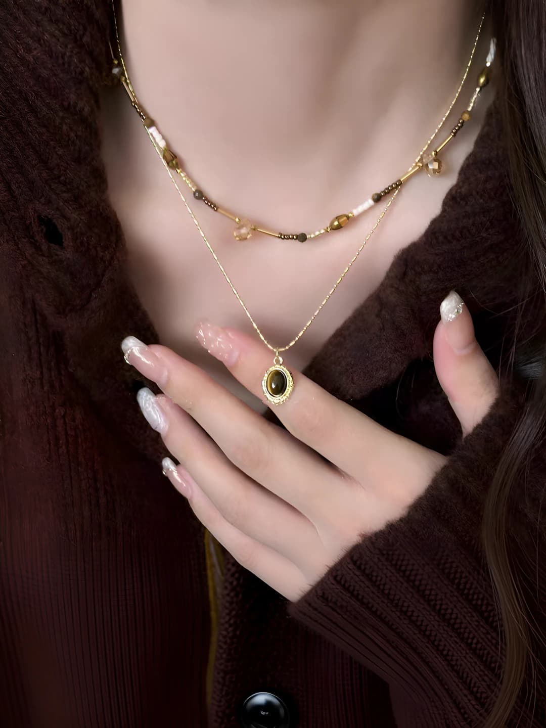 8# Crystal double layer oval tiger eye necklace