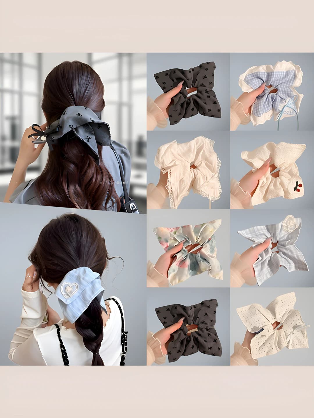 Women's large size French style satin hair ties with bow