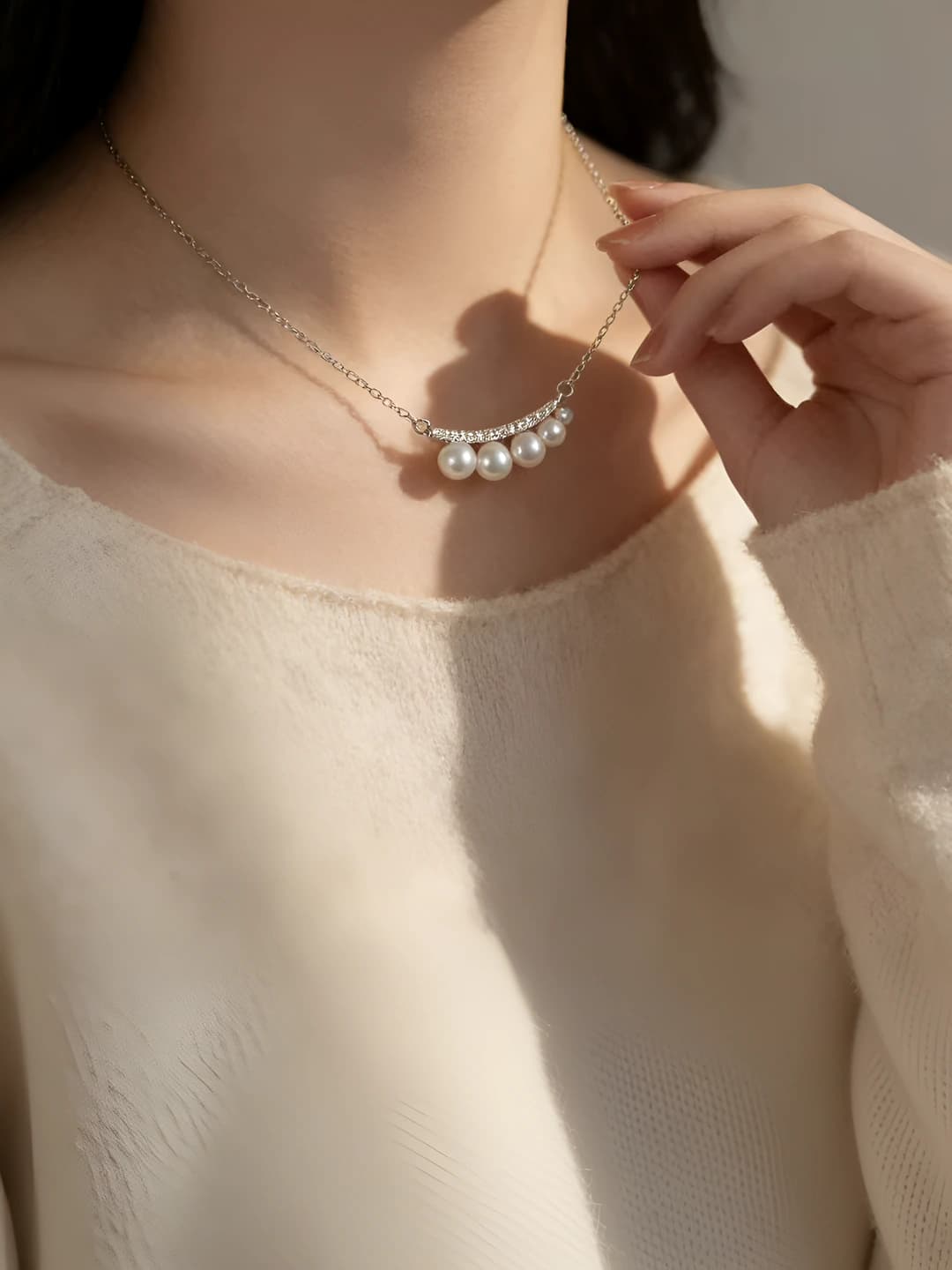 Women's pearl and diamond crescent pendant necklace