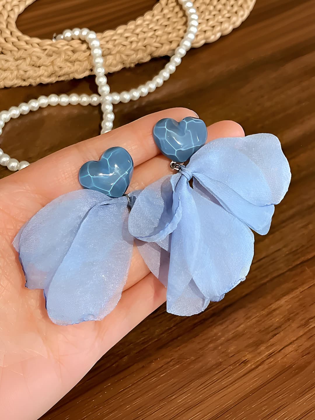 Blue chiffon heart studs