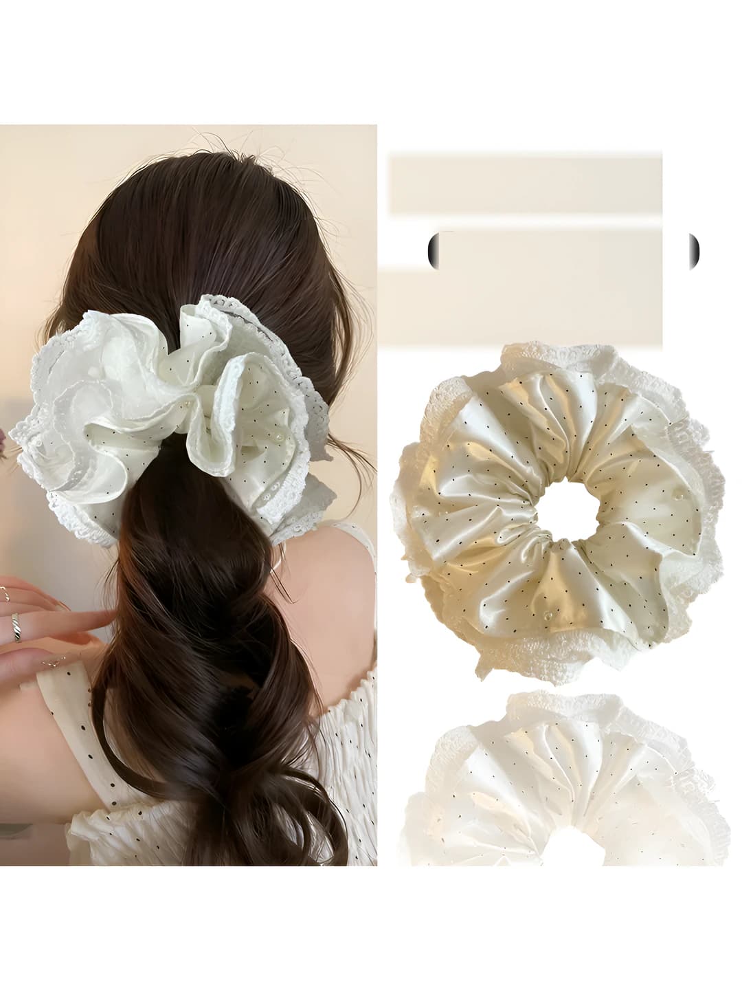 Women's hair scrunchie in Korean style with lace and polka dots, double layer, stretch