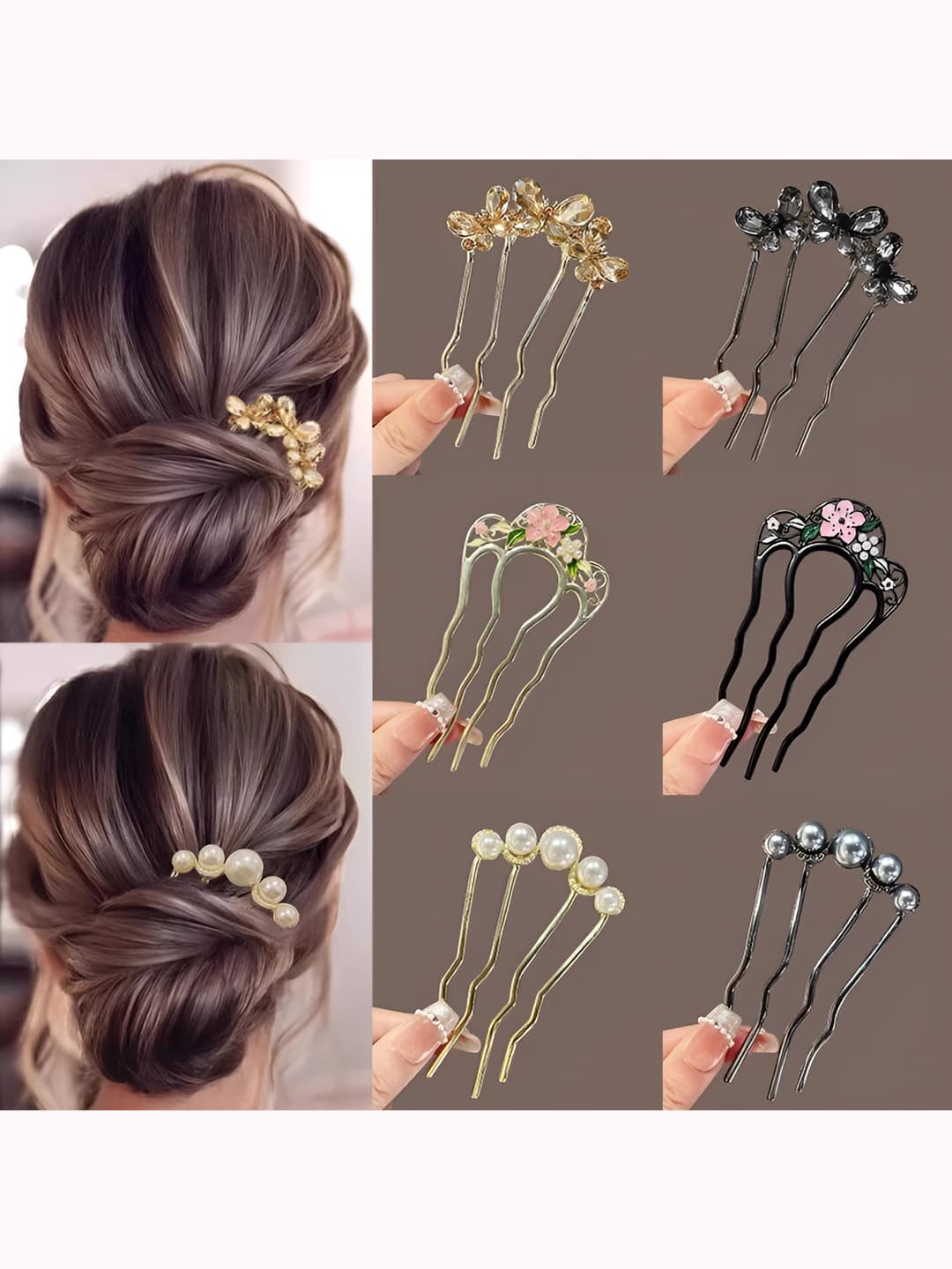 Women's U-shaped hairpins and bobby pins with pearls and crystals in retro style