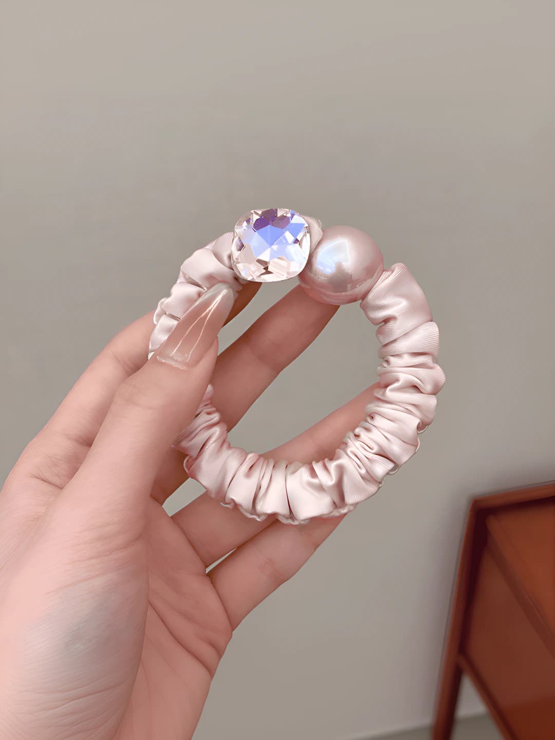 Pink, diamond + pearl hair tie