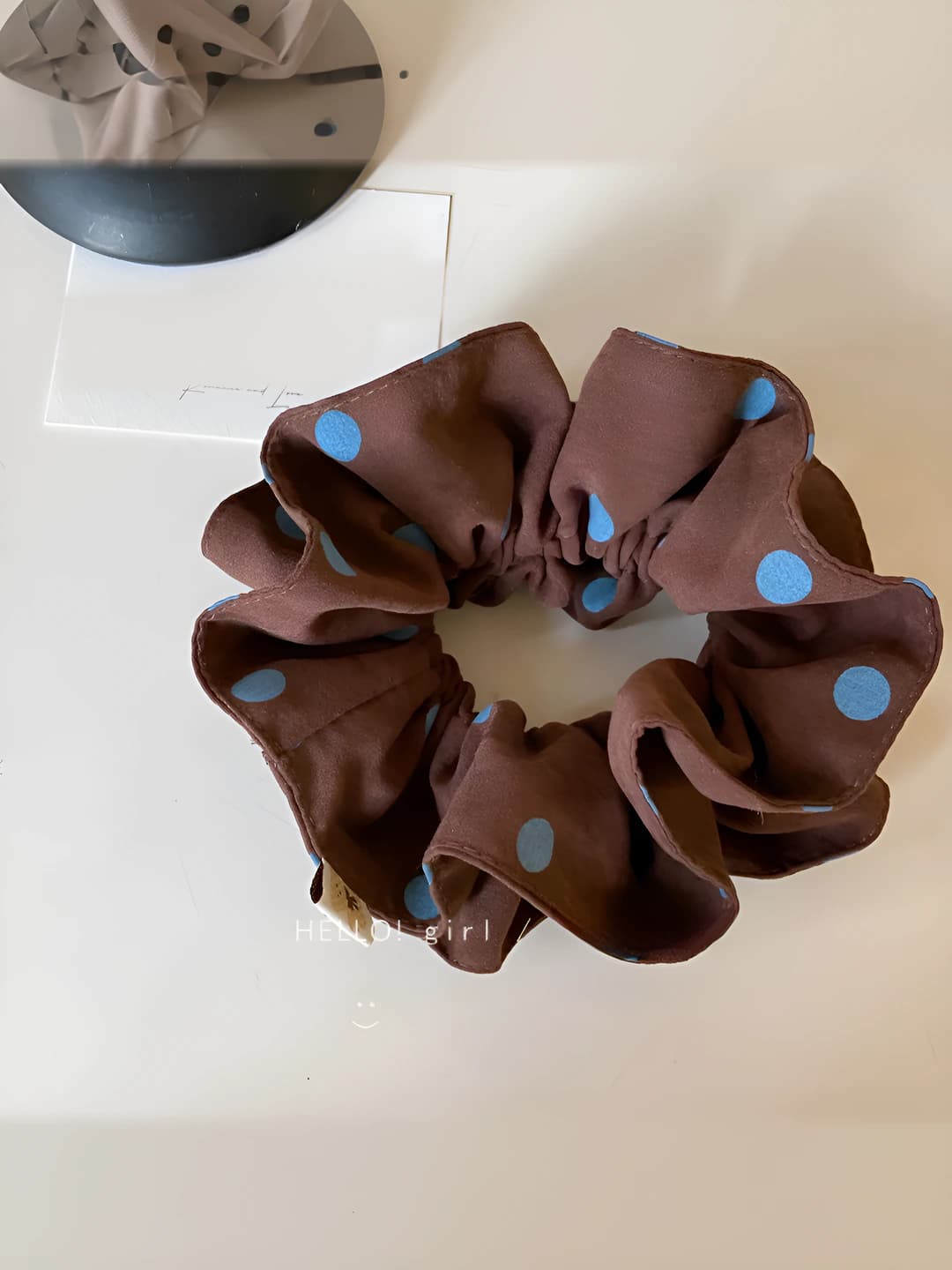 Brown base blue large polka dots ~15 cm double layer scrunchie