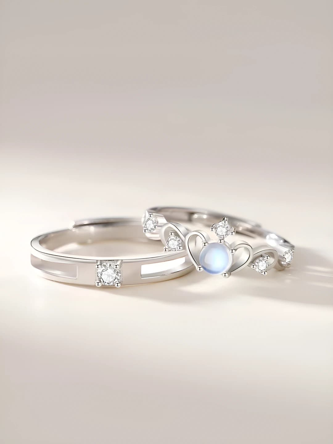 Women's couple's matching ring set in Korean style with moonstone, gold plating and stars