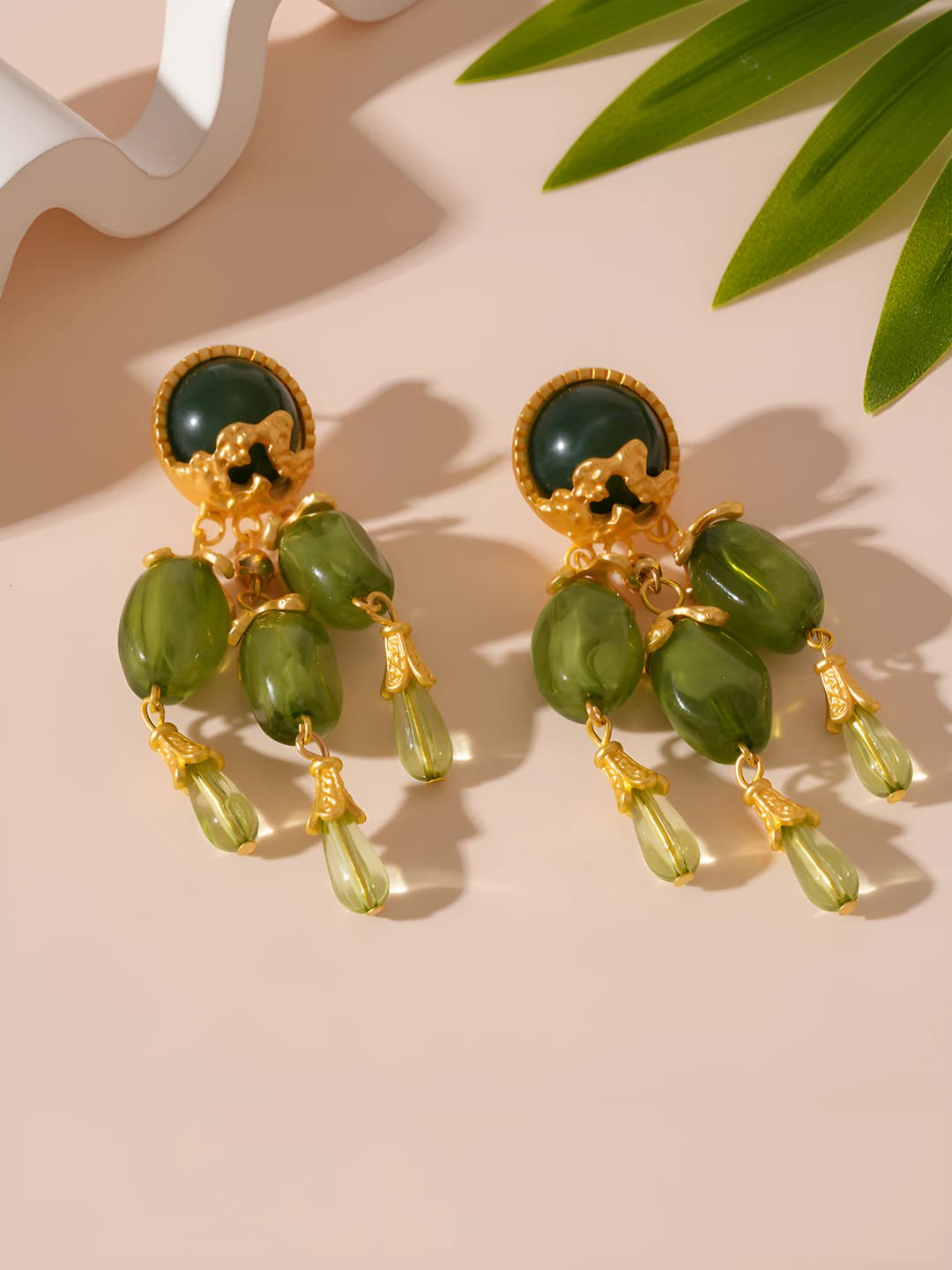 Women's retro style olive green resin drop earrings with silver post