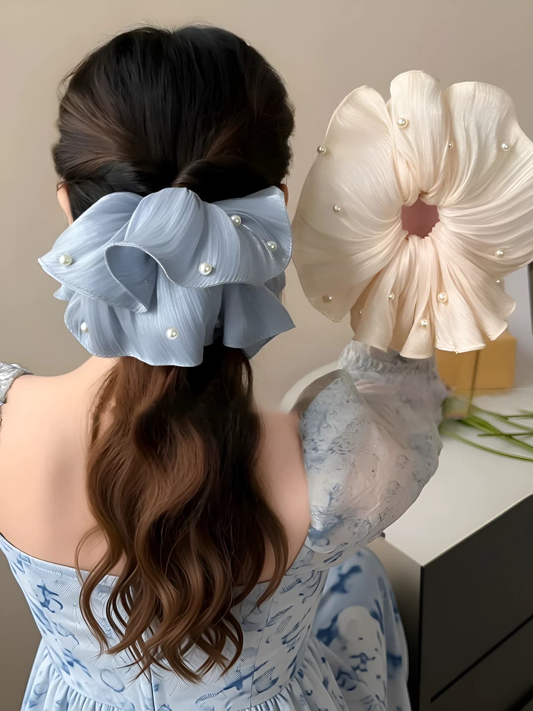 Women's large lace and pearl scrunchie, loose fit, Korean style, handmade, natural style hair accessory
