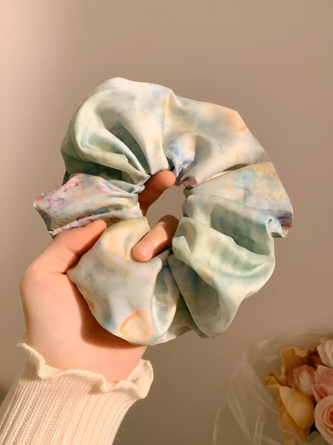 Tie-dye, satin, green, 12 cm