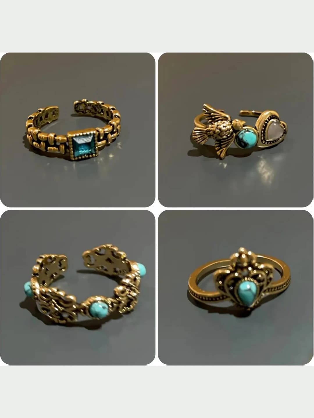 Women's retro style ring with bird and heart, ethnic style, copper