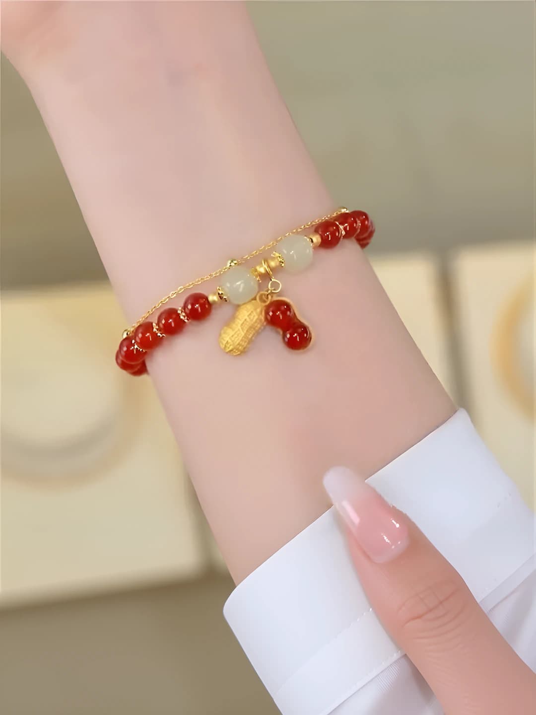 Red white bead double peanut bracelet