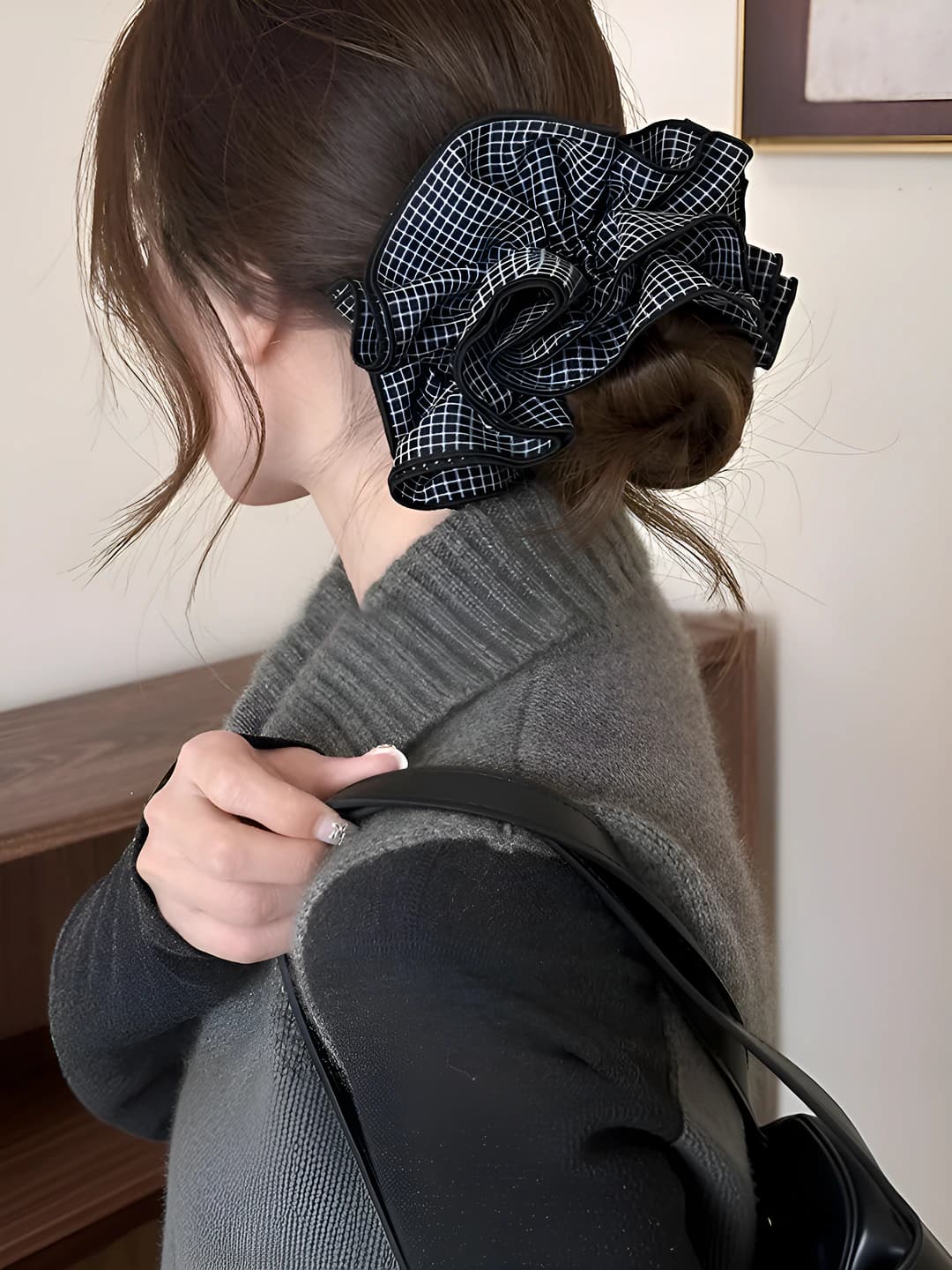 2# Blue striped plaid hair tie 17 cm