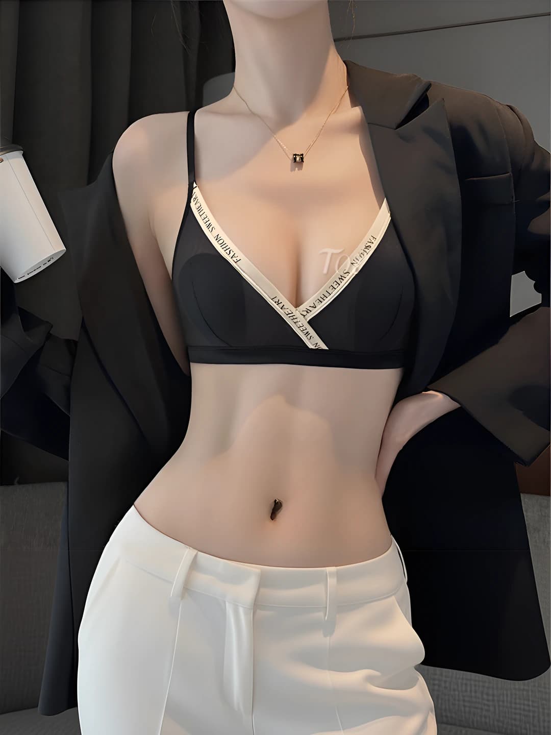 Women's summer thin bra, 3/4 cup, black, set