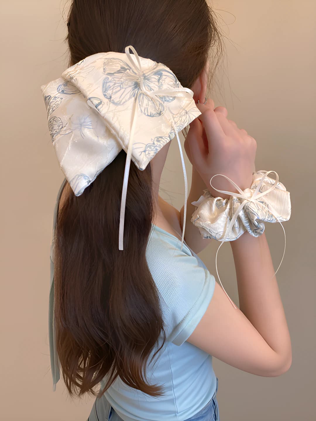Women's fabric scrunchie hair tie: new Chinese style, loose fit, printed butterfly pattern, for low ponytail and bun
