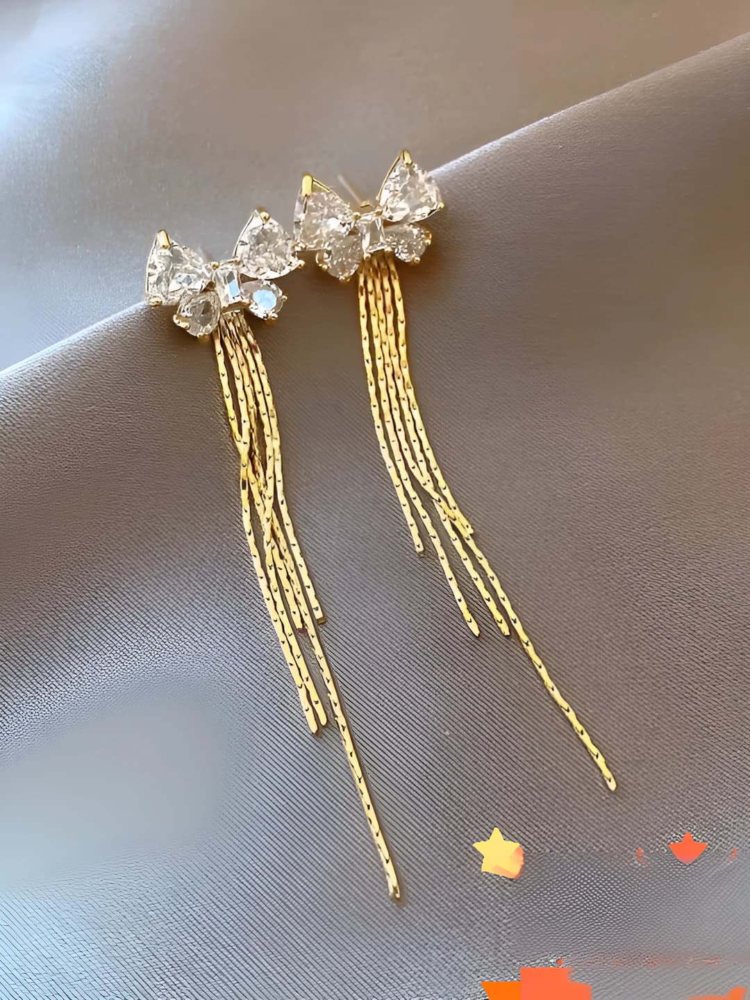 Women's earrings with 925 silver post, gold tassels, mesh design, country style