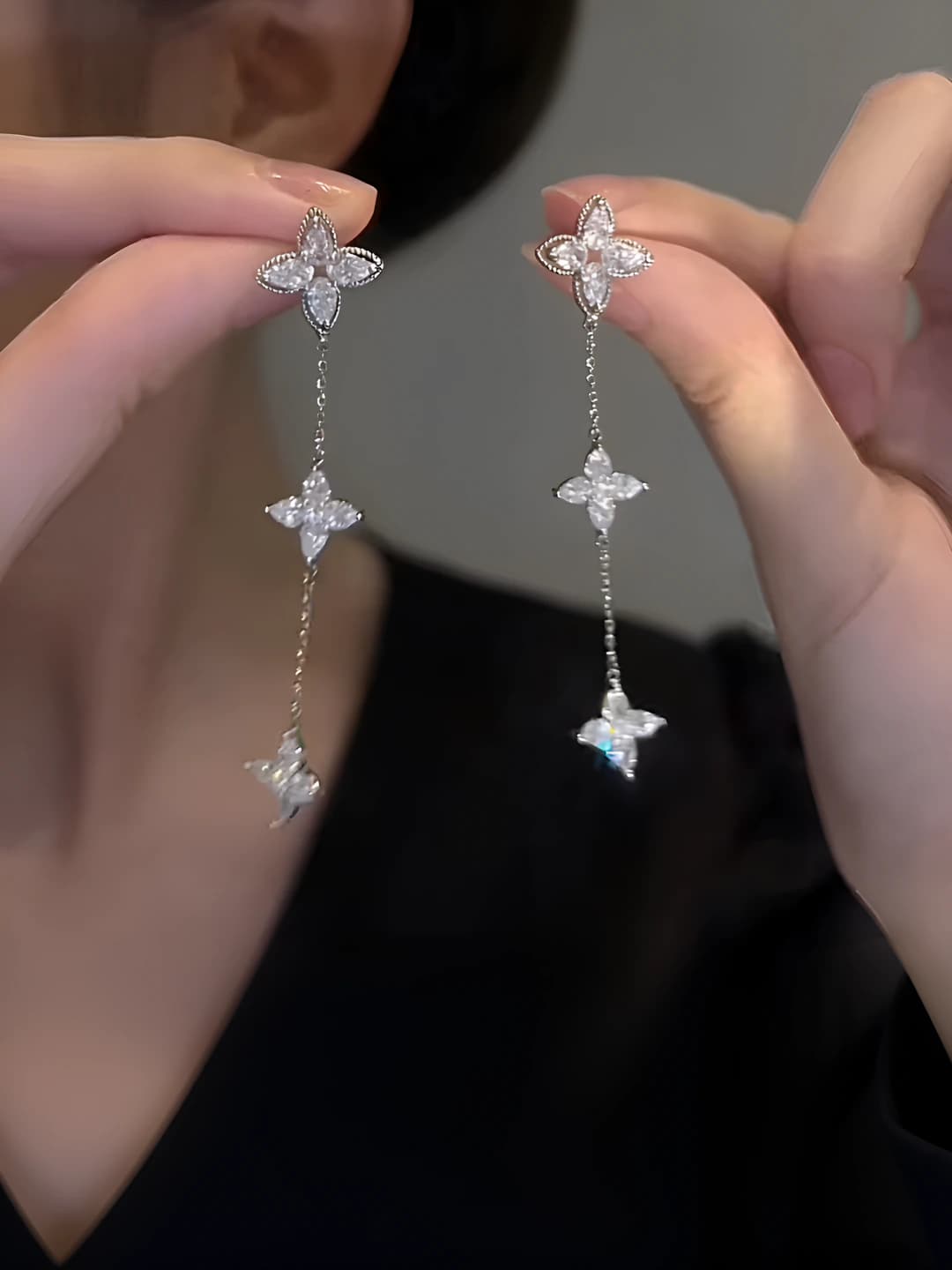 Women's long dangle earrings with silver posts, silver color, square zirconia