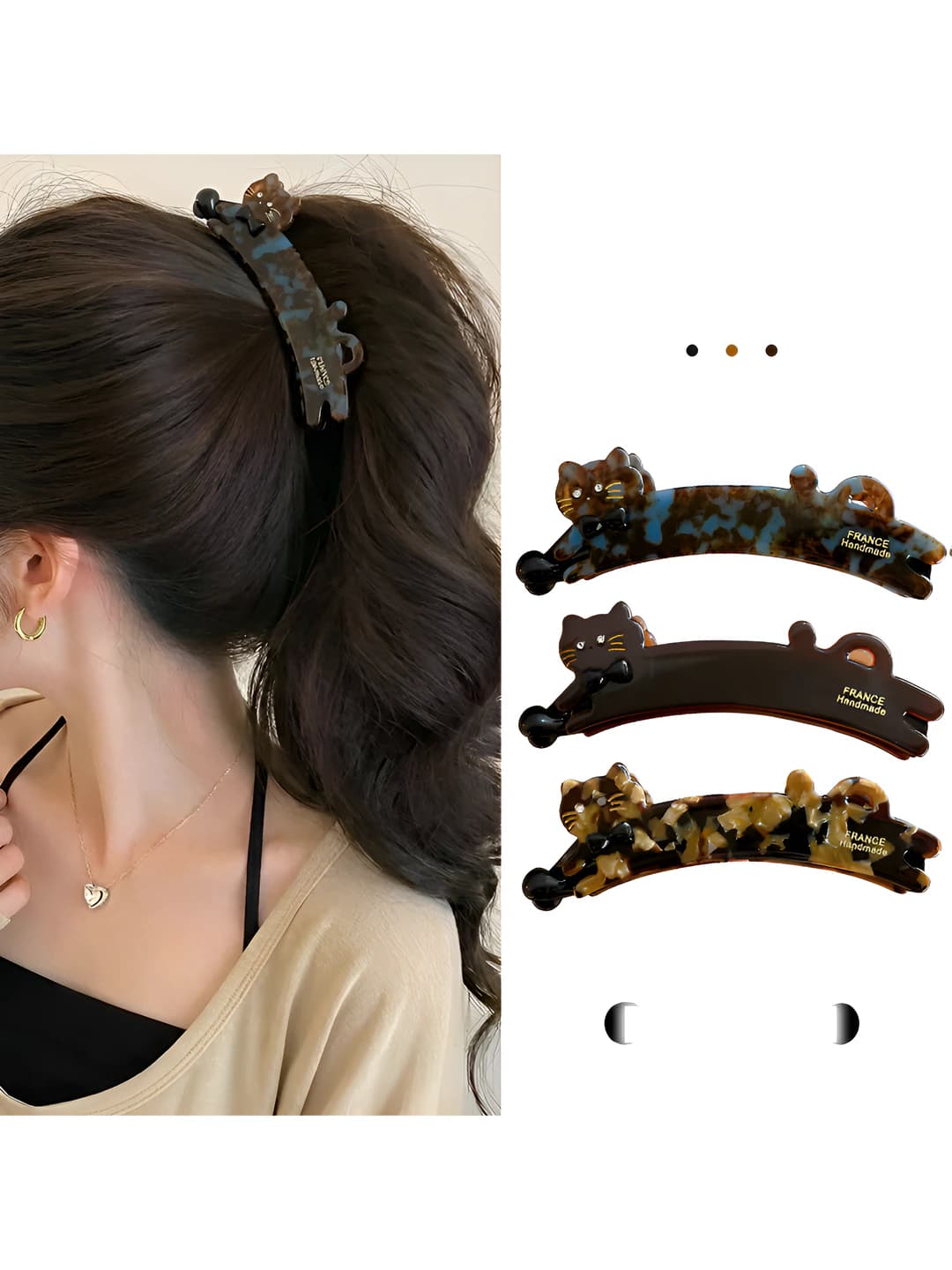 Women's hair clips and combs: banana clip, Japanese-Korean style, acetate material, cat design element