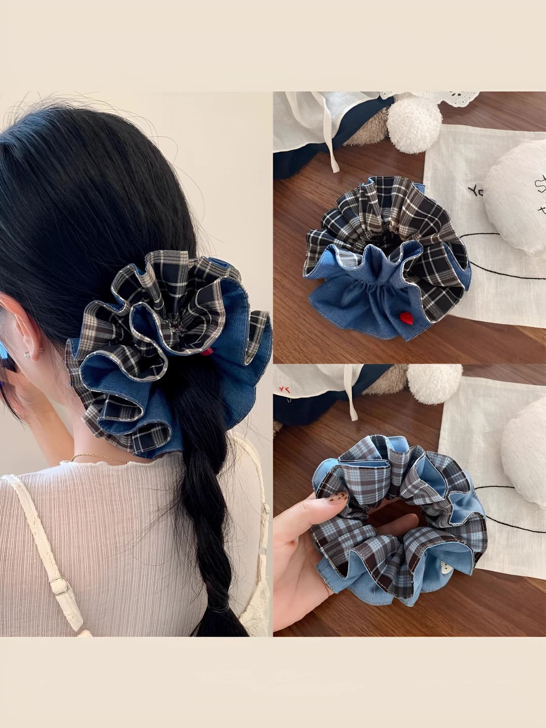 White heart, blue-coffee plaid, 15 cm