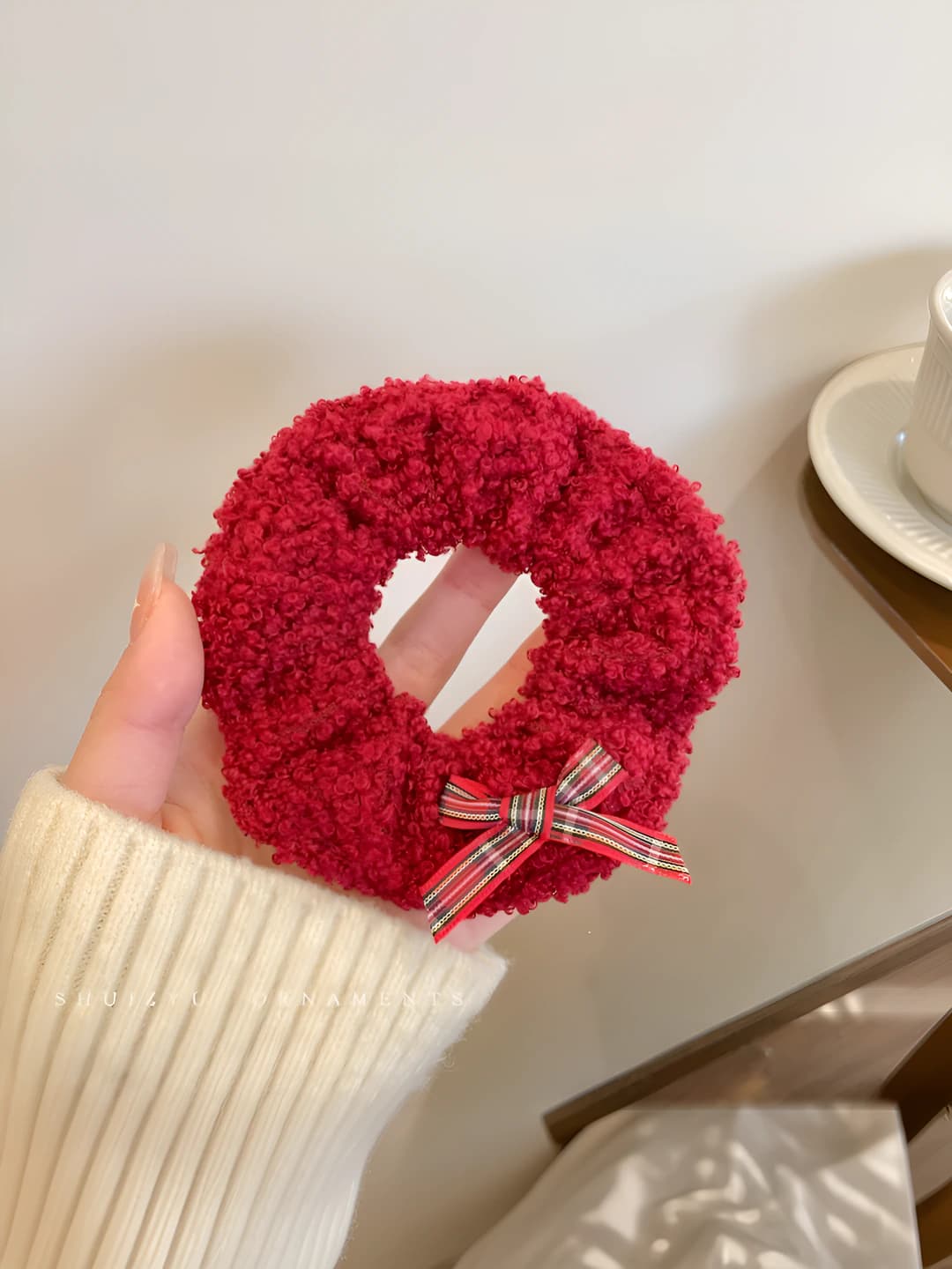 1# Red lamb wool hair tie