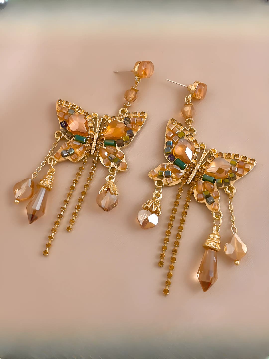 Silver post - Gold butterfly tassel earrings