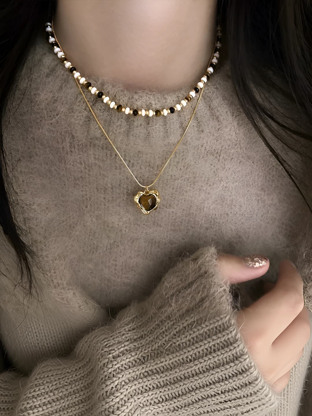 12# Сердце тигровый глаз двухслойная цепь