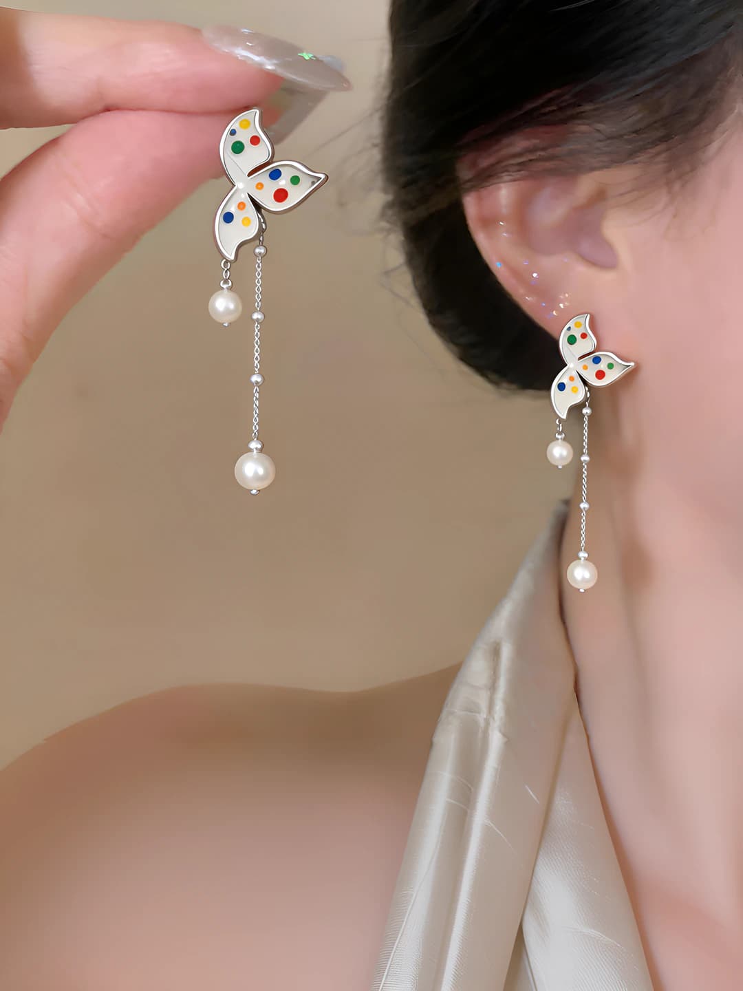 Women's earrings with geometric shape, oil drop effect, tassels and pearls, in fresh and sweet style, simple