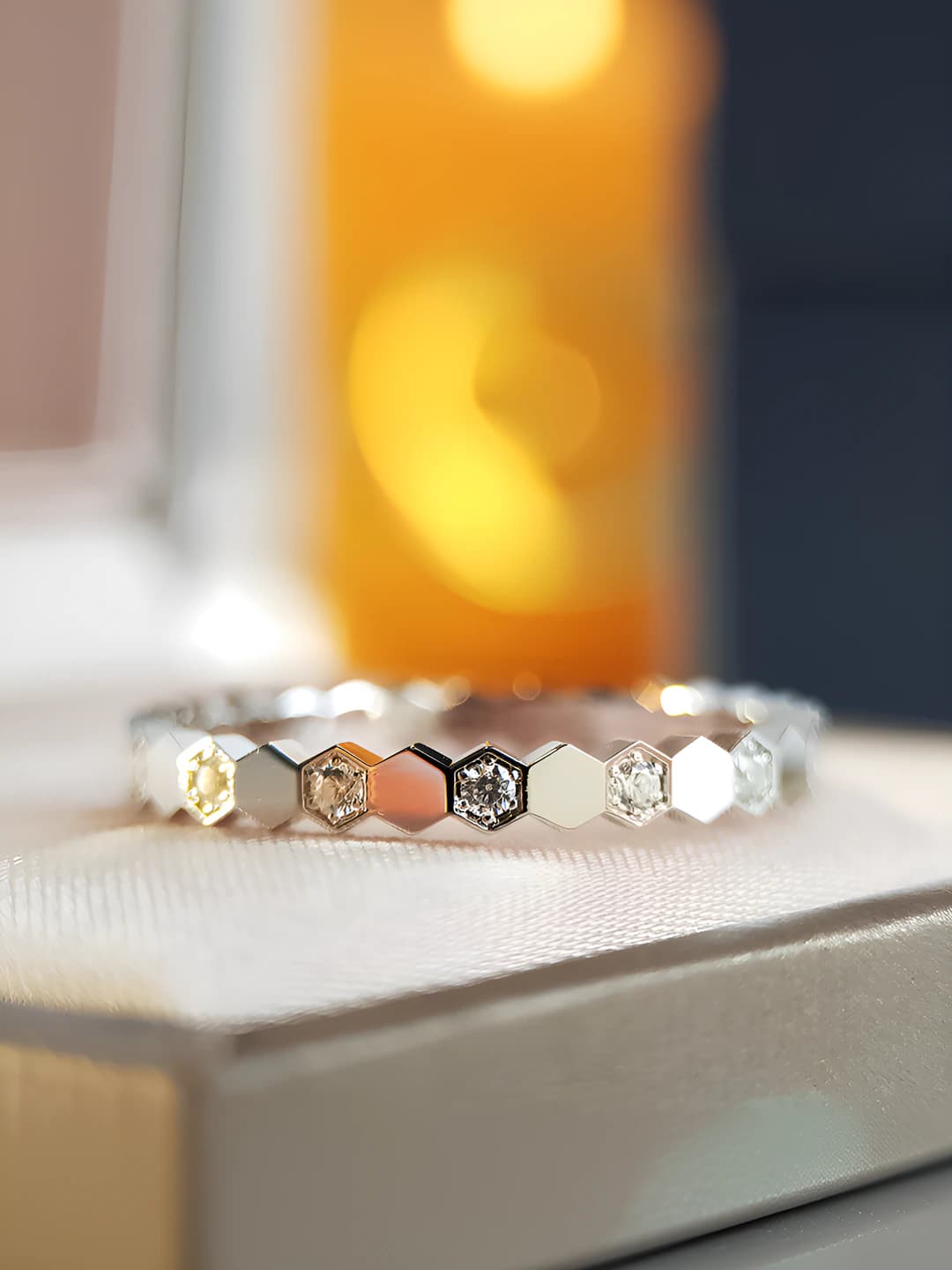 White gold half circle diamonds