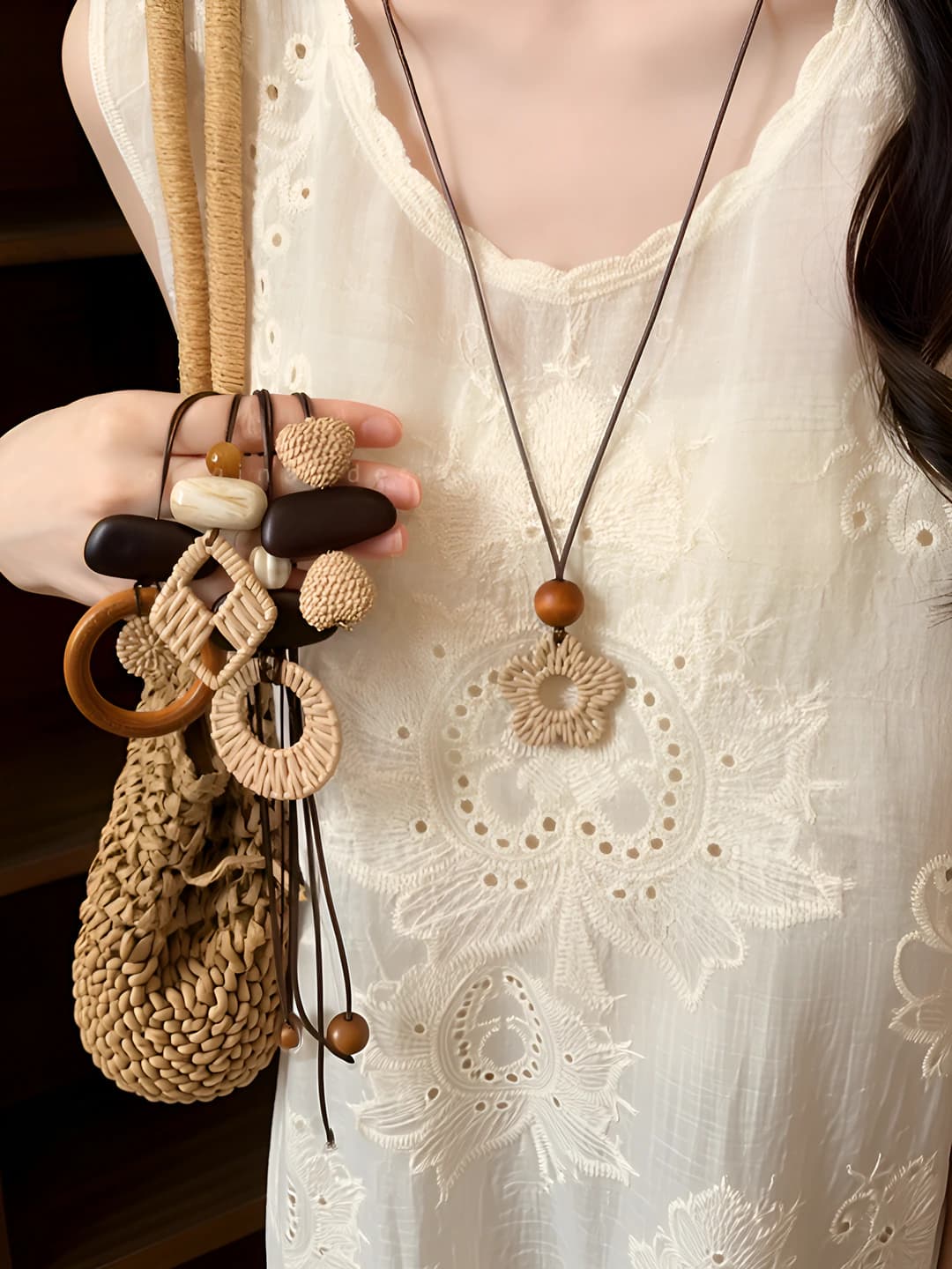 Women's woven flower pendant necklace, long, retro style, daily wear
