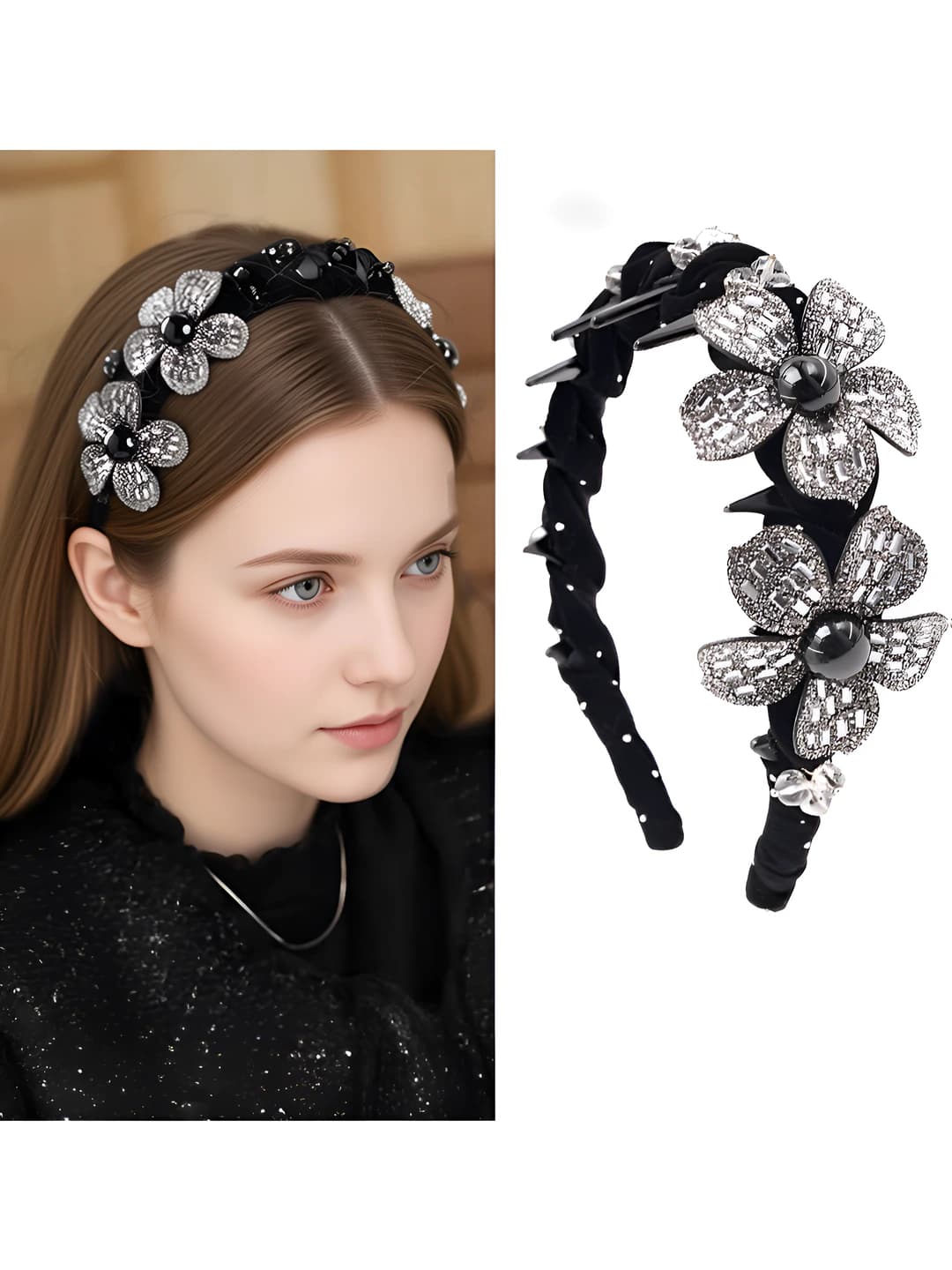Ayollar uchun koreys uslubida 3D velvet suvga chidamli gullar obodok, sirpanmaydigan tishli, yuqori qora toq