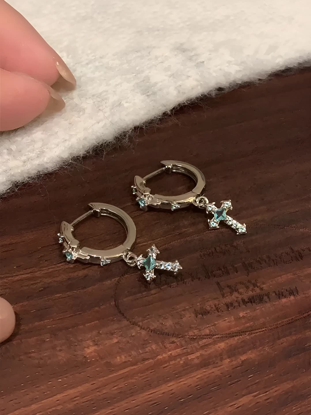 Women's titanium steel straight post earrings with green zircon cross