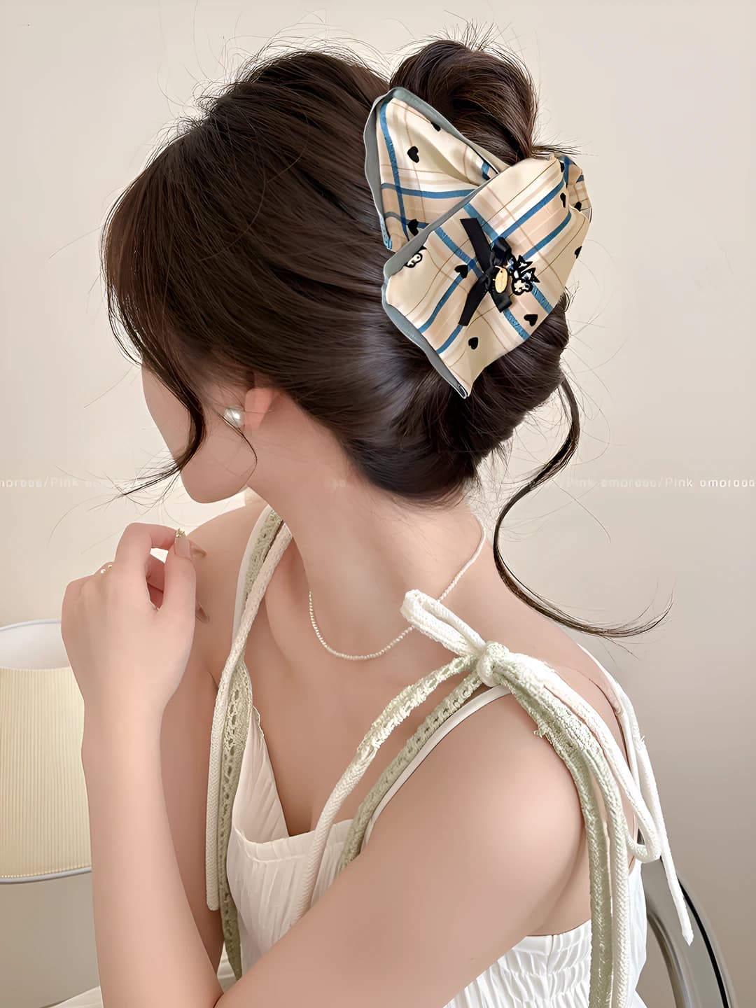 4# Khaki-blue plaid triangle claw clip ~13cm