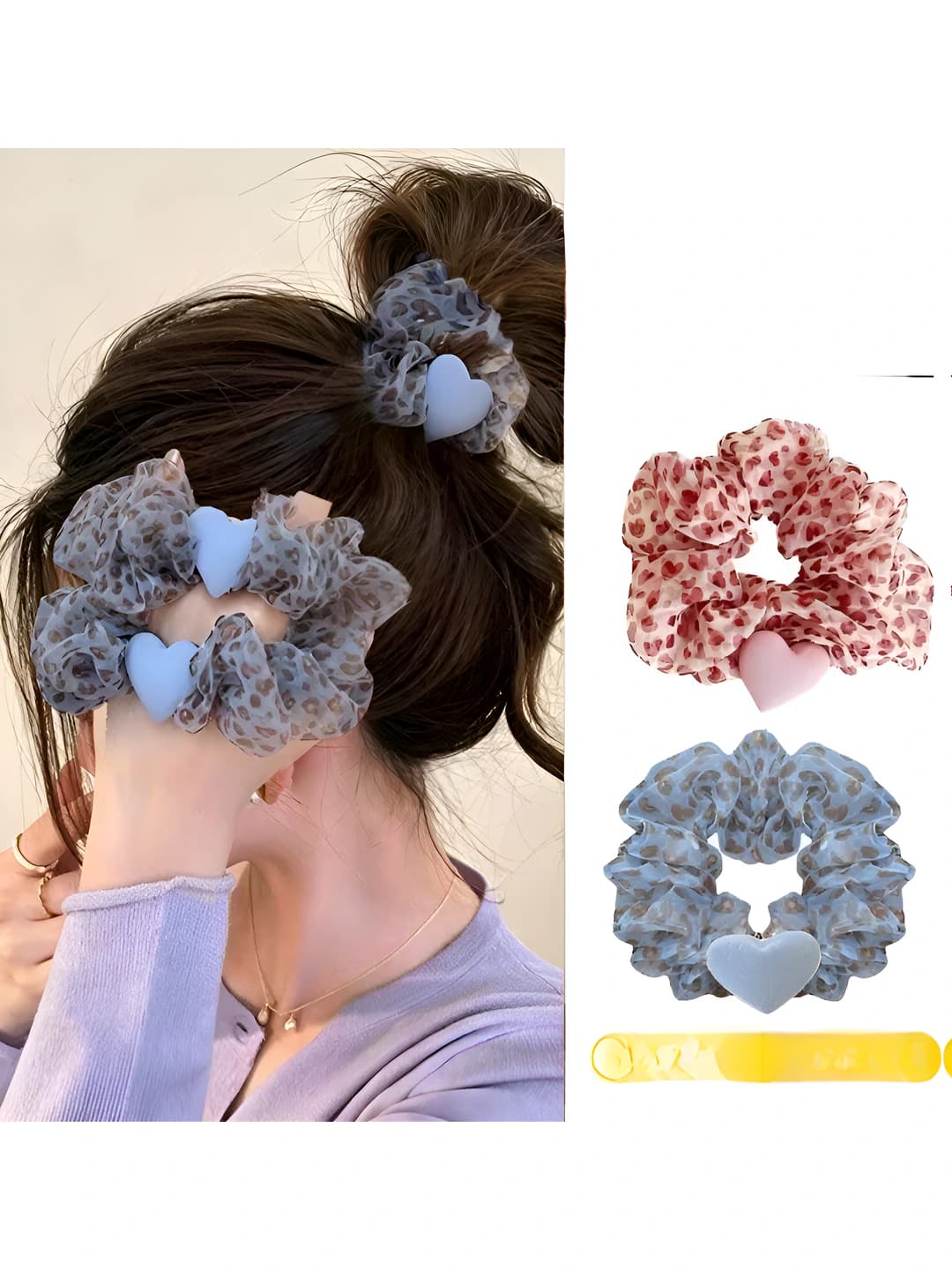Women's retro organza scrunchie hair tie with heart in Korean style